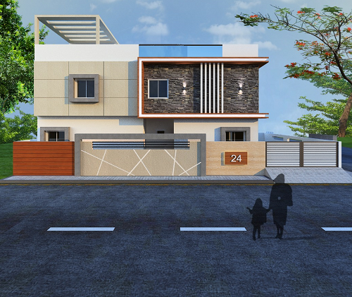 A contemporary home with stylish exteriors, reflecting expert house construction in Bangalore with quality craftsmanship